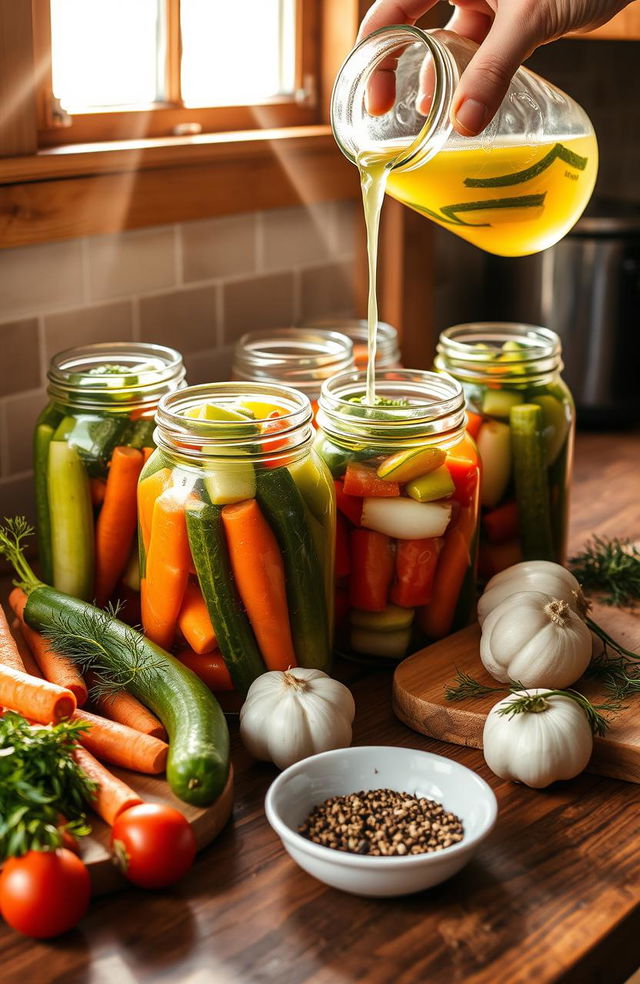 A vibrant and detailed scene of homemade pickles being prepared in a rustic kitchen