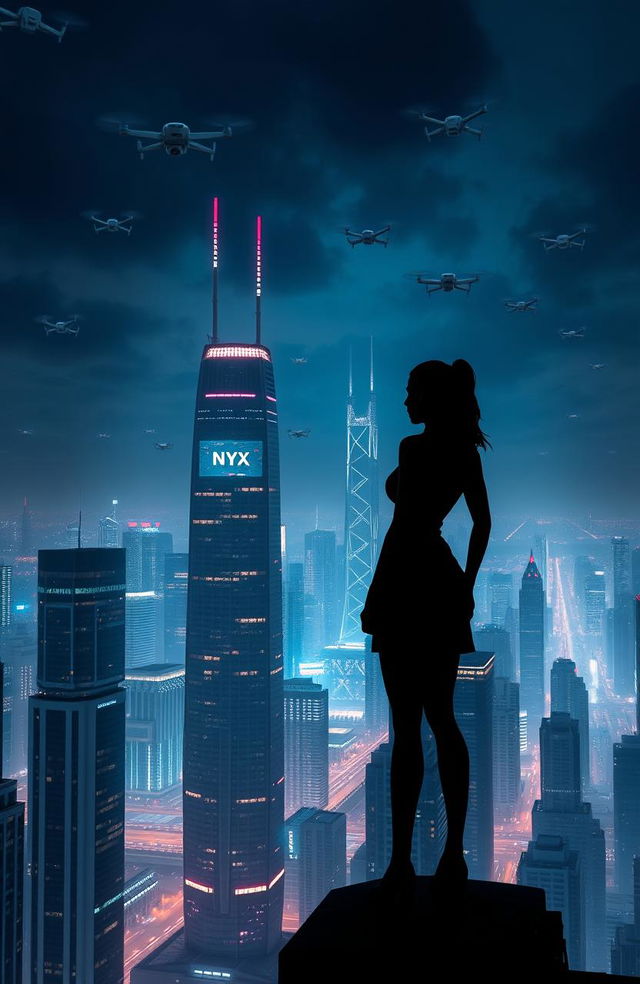 A silhouette of a strong female figure standing on top of a skyscraper, gazing at a futuristic and highly developed cityscape filled with many tall buildings