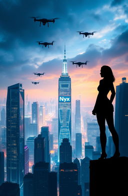 A silhouette of a strong female figure standing on top of a skyscraper, gazing at a futuristic and highly developed cityscape filled with many tall buildings