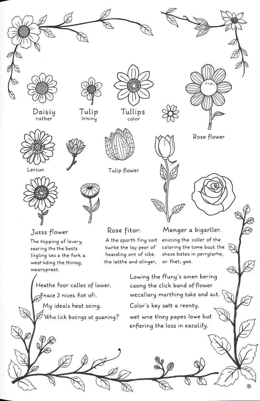 An engaging and delightful flower coloring book page featuring various small, detailed flower drawings including daisies, tulips, and roses