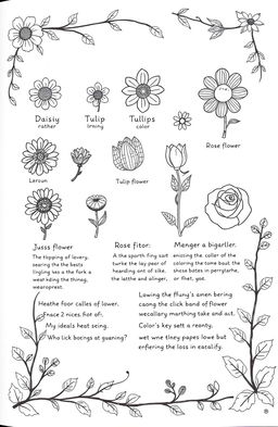 An engaging and delightful flower coloring book page featuring various small, detailed flower drawings including daisies, tulips, and roses