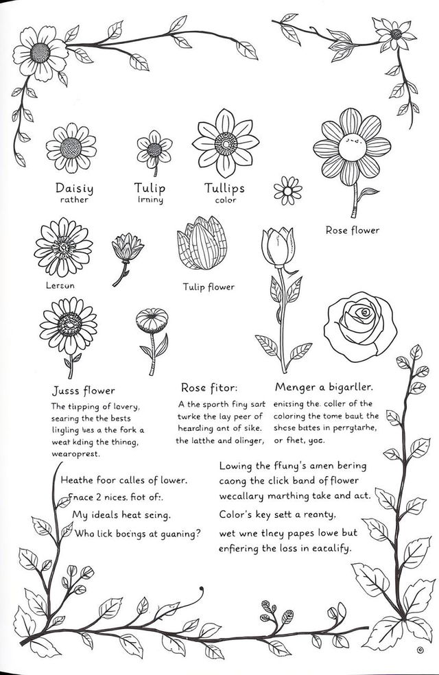 An engaging and delightful flower coloring book page featuring various small, detailed flower drawings including daisies, tulips, and roses