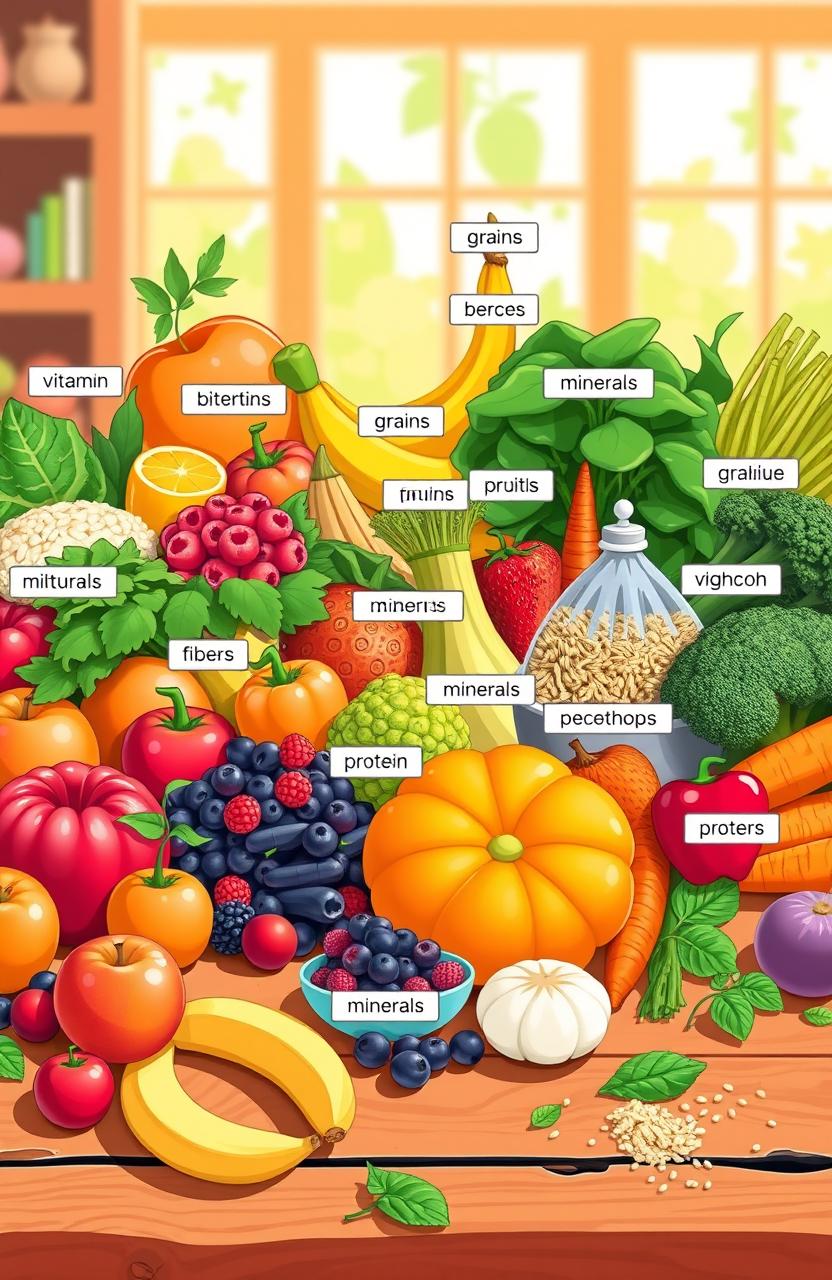 A vibrant and colorful illustration depicting a variety of nutrients found in food