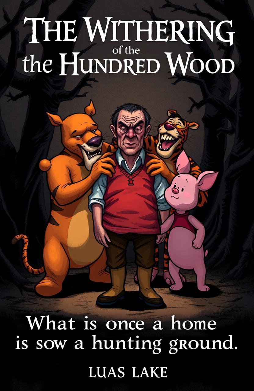 An illustration depicting an evil version of Winnie-the-Pooh, Tigger, and Piglet menacingly surrounding a grown-up Christopher Robin