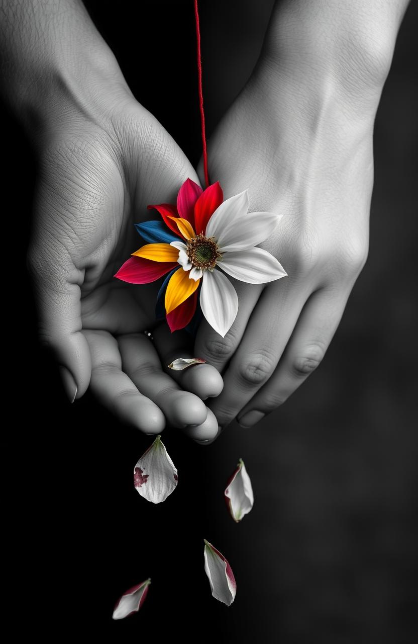 Two hands intertwined by a red thread of destiny, one being a feminine hand holding a flower that is colorful on one side and black and white on the other side