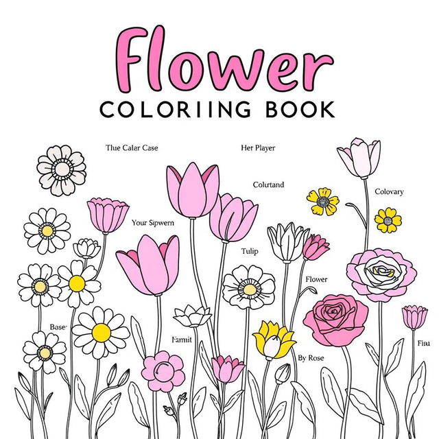 A whimsical flower coloring book cover featuring a variety of small, detailed flower drawings, including daisies, tulips, and roses