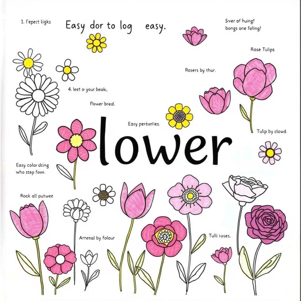 A whimsical flower coloring book cover featuring a variety of small, detailed flower drawings, including daisies, tulips, and roses