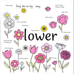 A whimsical flower coloring book cover featuring a variety of small, detailed flower drawings, including daisies, tulips, and roses