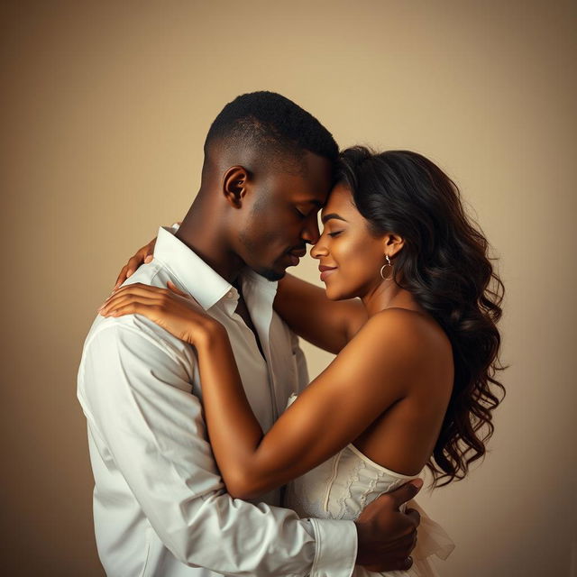 A romantic and intimate scene featuring an ebony woman and a white man, depicting their passionate connection and embracing love