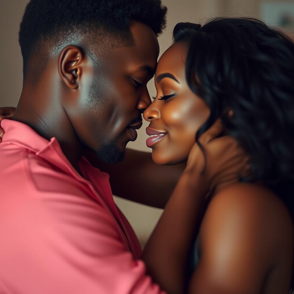 A romantic and intimate scene featuring an ebony woman and a white man, depicting their passionate connection and embracing love