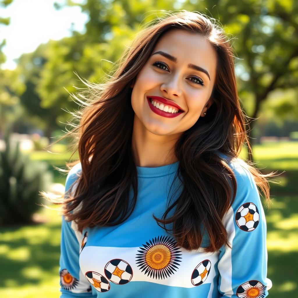 A view of a beautiful Argentine woman wearing a long-sleeve shirt adorned with vibrant illustrations of the Argentine flag and footballs