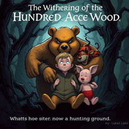 A chilling illustration of an evil Winnie-the-Pooh bear, Tigger, and Piglet menacingly surrounding an adult Christopher Robin, who appears to be in his twenties