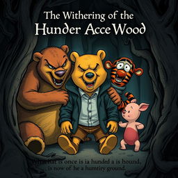 A chilling illustration of an evil Winnie-the-Pooh bear, Tigger, and Piglet menacingly surrounding an adult Christopher Robin, who appears to be in his twenties