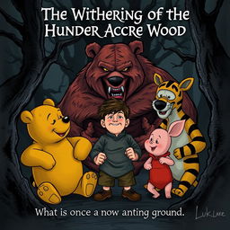A chilling illustration of an evil Winnie-the-Pooh bear, Tigger, and Piglet menacingly surrounding an adult Christopher Robin, who appears to be in his twenties