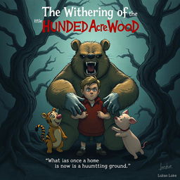 A chilling illustration of an evil Winnie-the-Pooh bear, Tigger, and Piglet menacingly surrounding an adult Christopher Robin, who appears to be in his twenties