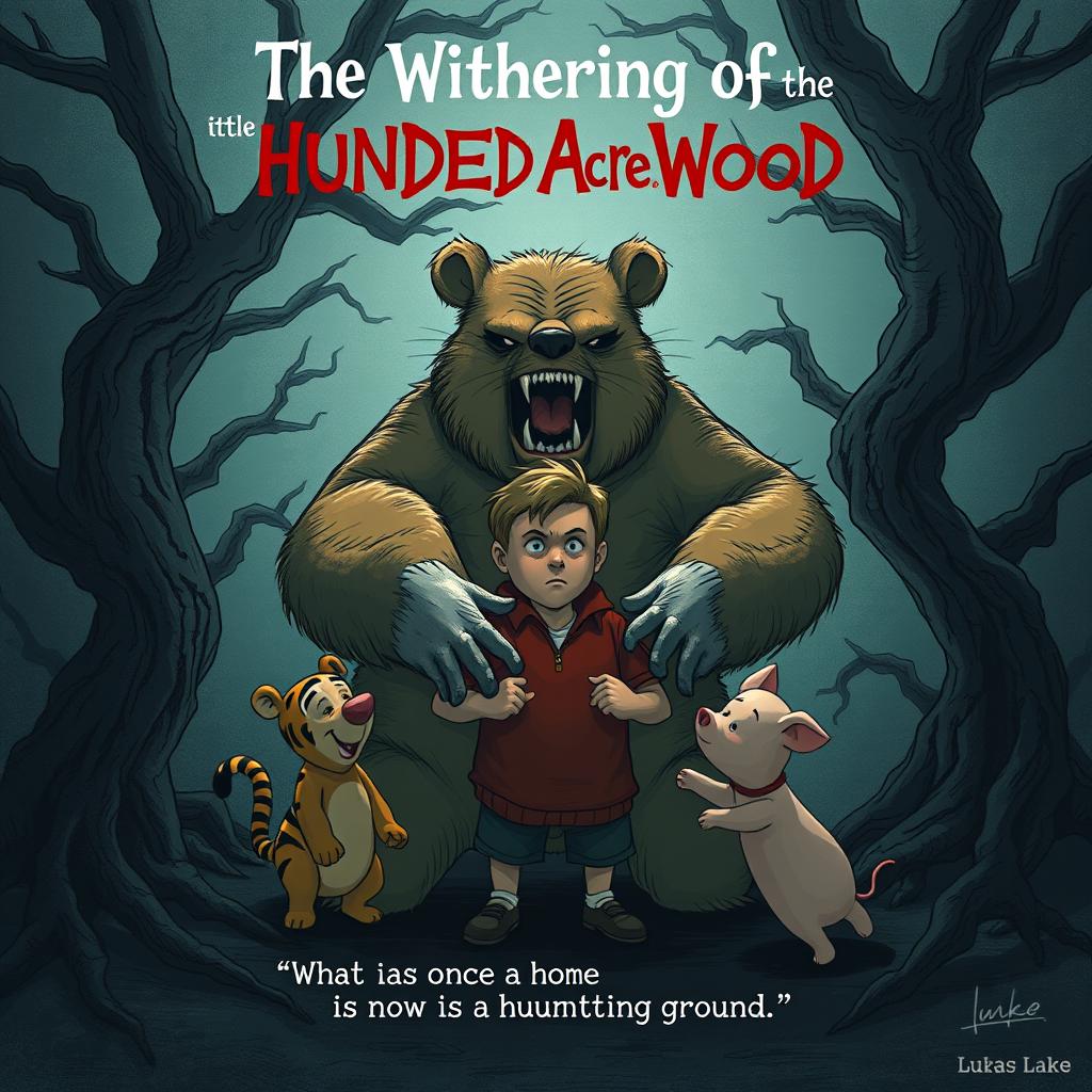 A chilling illustration of an evil Winnie-the-Pooh bear, Tigger, and Piglet menacingly surrounding an adult Christopher Robin, who appears to be in his twenties