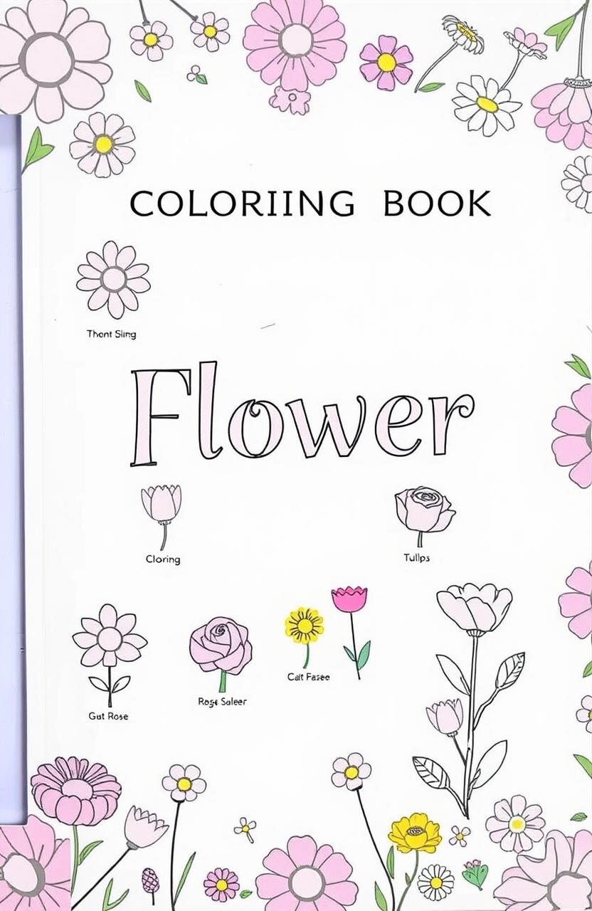 A beautifully designed flower coloring book cover featuring a variety of small flower drawings including daisies, tulips, and roses