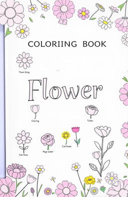 A beautifully designed flower coloring book cover featuring a variety of small flower drawings including daisies, tulips, and roses