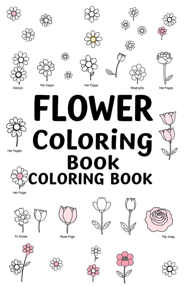 A beautifully designed flower coloring book cover featuring a variety of small flower drawings including daisies, tulips, and roses