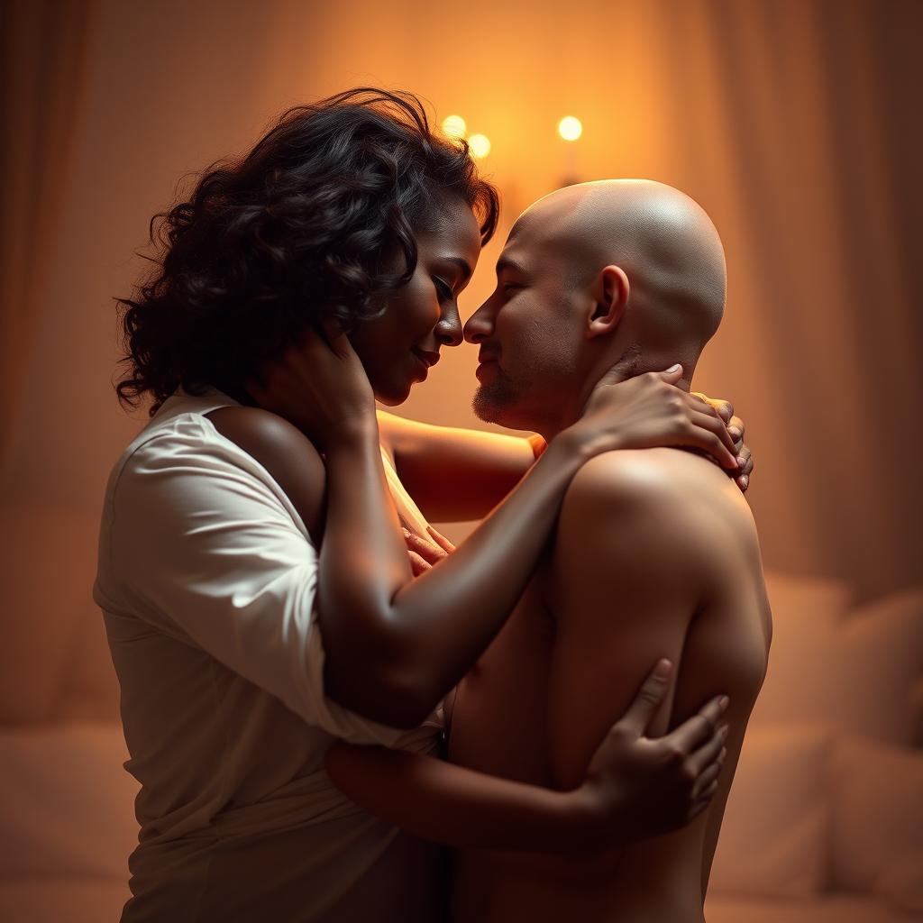 An intimate and sensual scene depicting an ebony woman and a white man, showcasing their romantic connection and passionate embrace