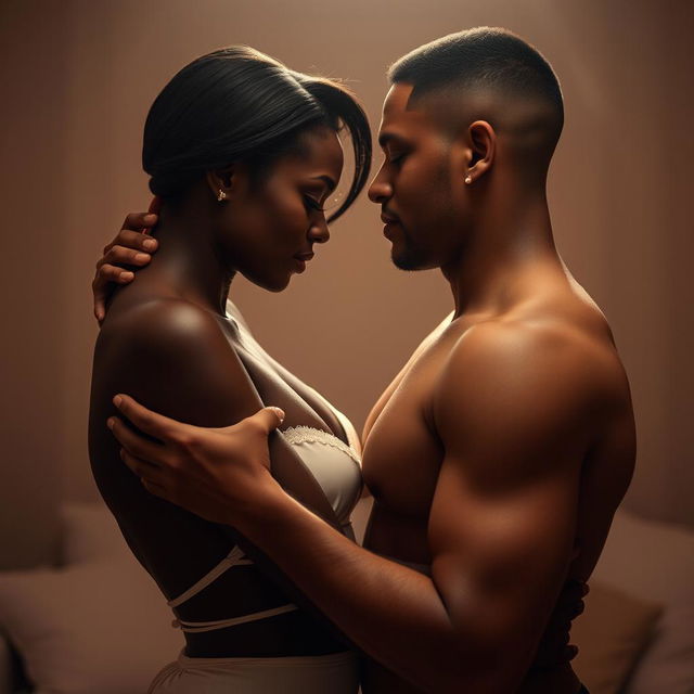 An intimate and sensual scene depicting an ebony woman and a white man, showcasing their romantic connection and passionate embrace