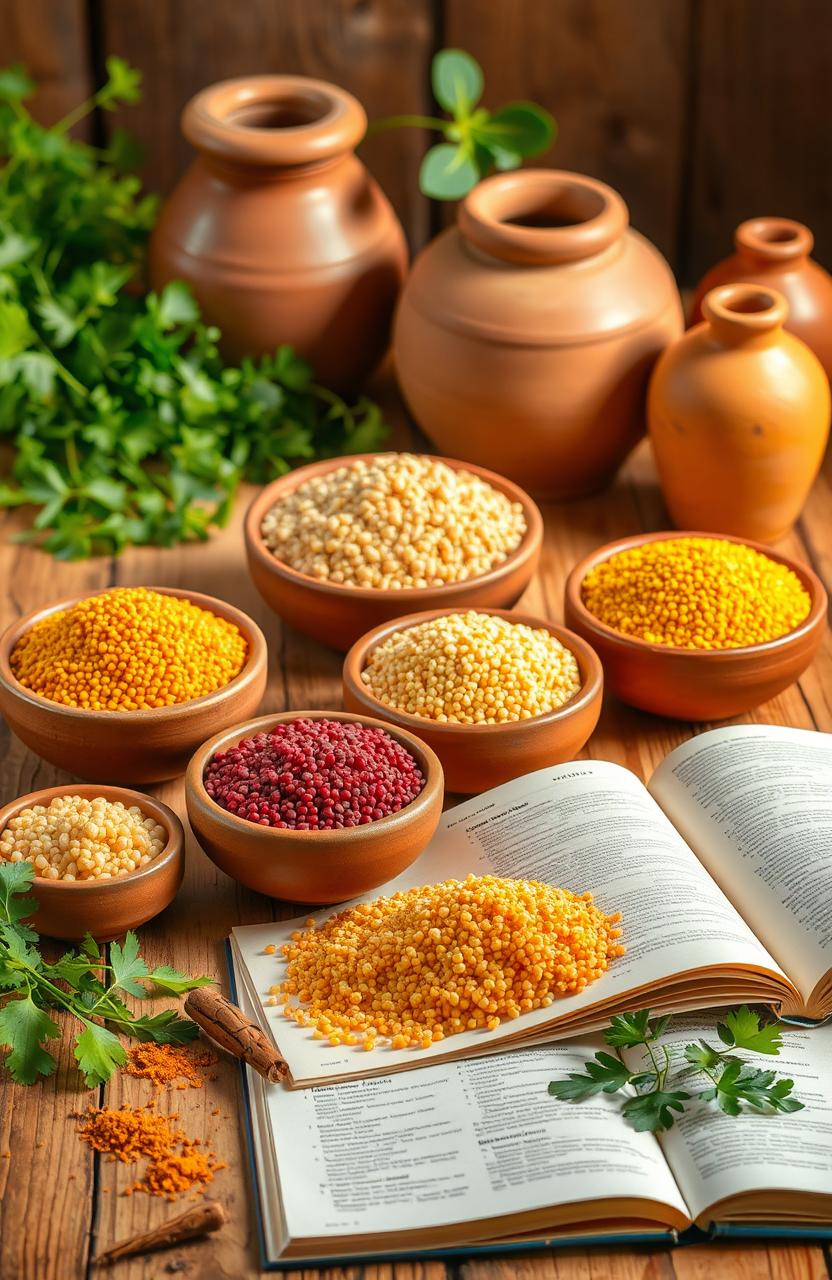 A vibrant scene showcasing a variety of millets in different colors and textures, organized in bowls made of clay