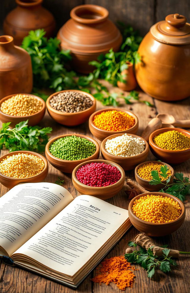 A vibrant scene showcasing a variety of millets in different colors and textures, organized in bowls made of clay