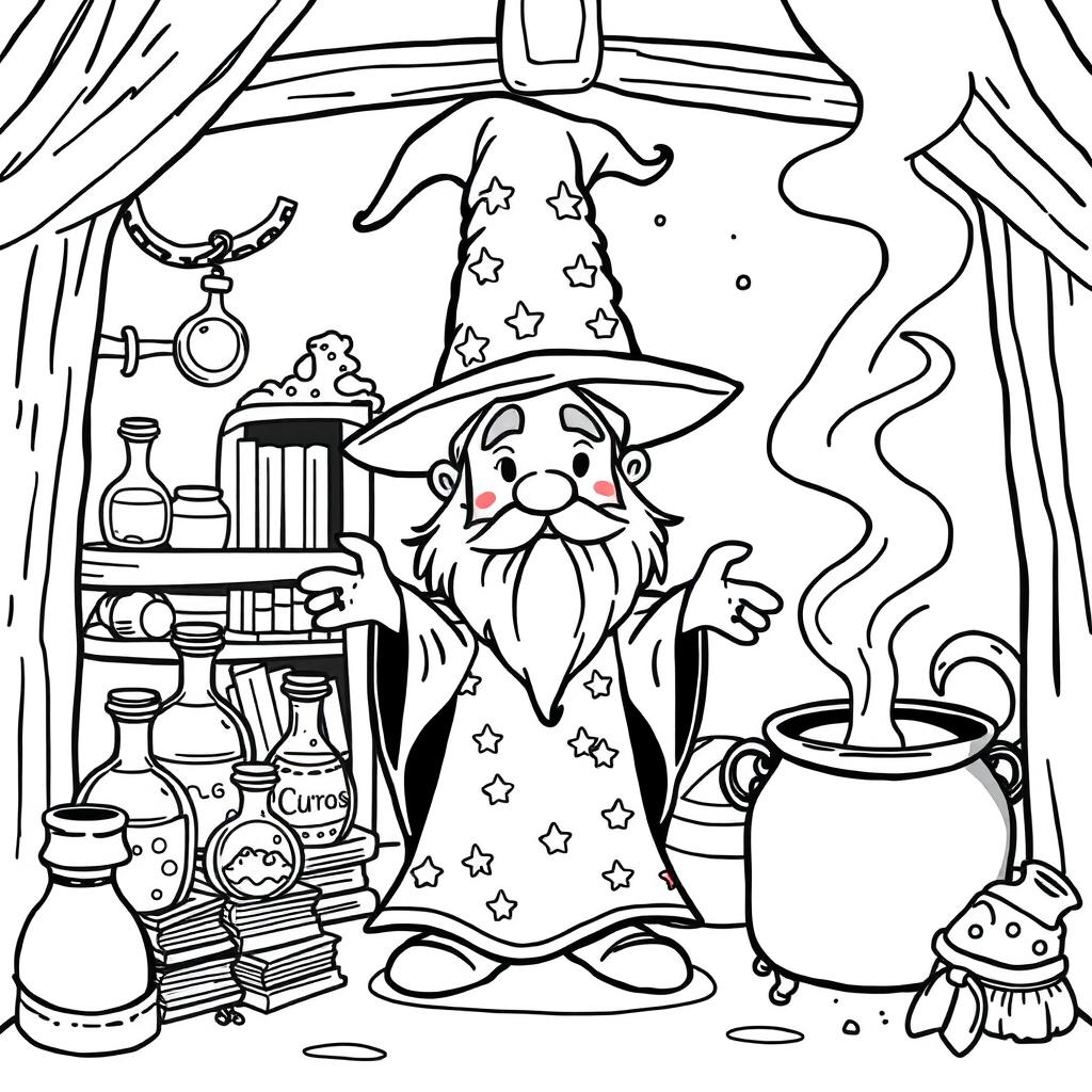 A cute-style illustration of a whimsical wizard, designed for a children's coloring book