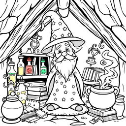 A cute-style illustration of a whimsical wizard, designed for a children's coloring book