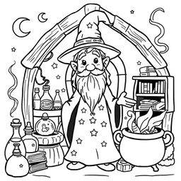 A cute-style illustration of a whimsical wizard, designed for a children's coloring book