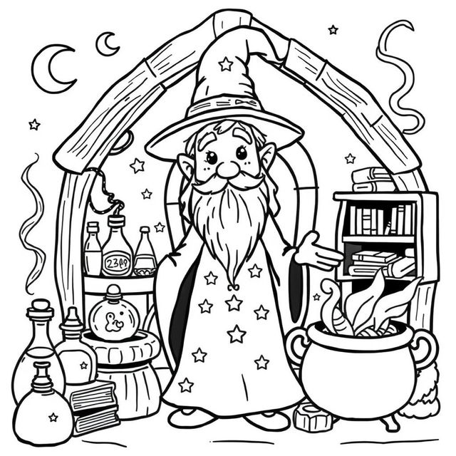 A cute-style illustration of a whimsical wizard, designed for a children's coloring book