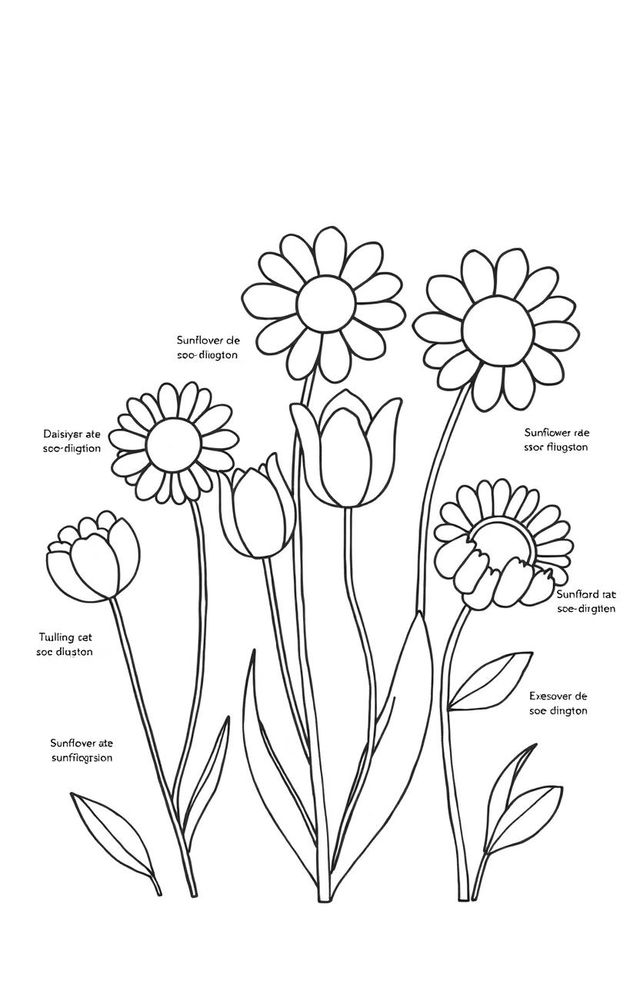 A whimsical flower coloring book page featuring several small flowers such as daisies, tulips, and sunflowers, each with simple and easy-to-understand descriptions written in English beside them