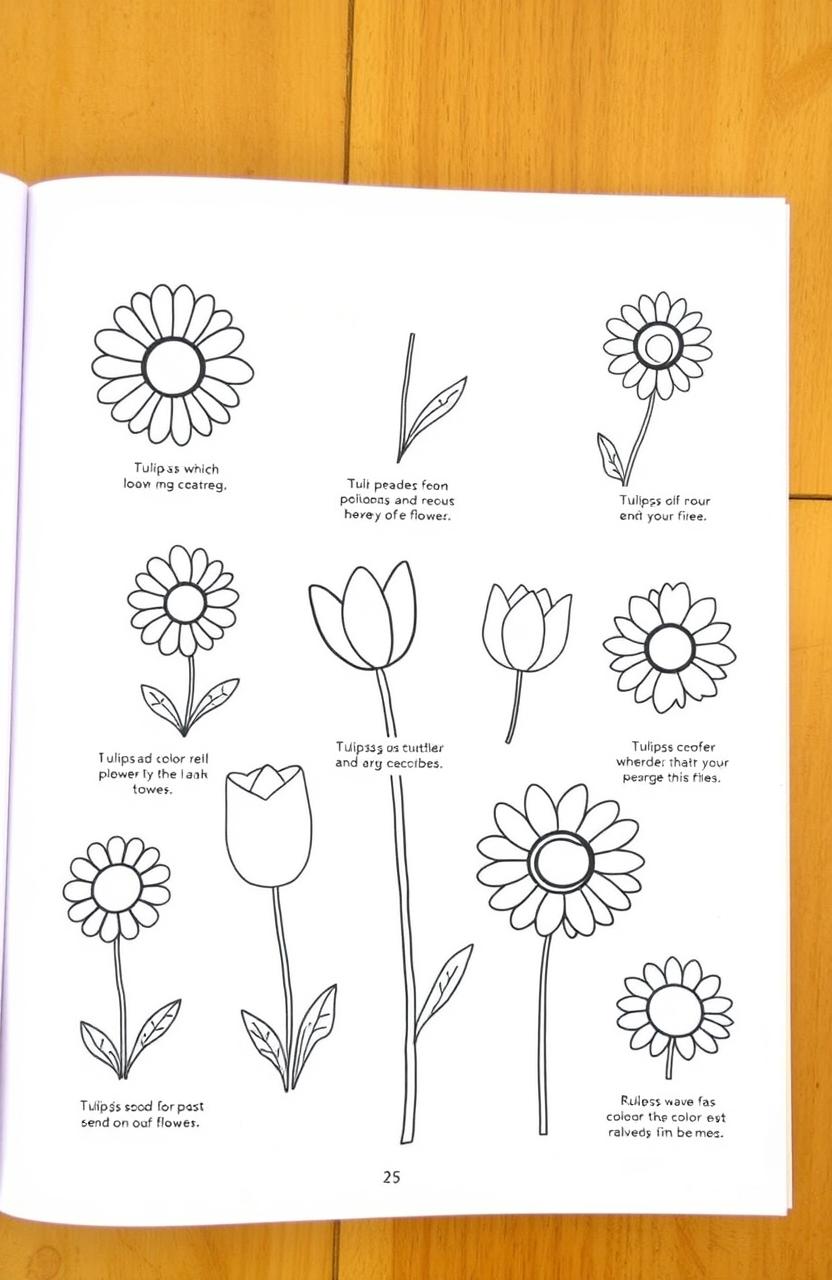 A whimsical flower coloring book page featuring several small flowers such as daisies, tulips, and sunflowers, each with simple and easy-to-understand descriptions written in English beside them