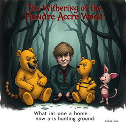 A dark and chilling illustration featuring an evil Winnie-the-Pooh bear, an evil Tigger, and an evil Piglet surrounding an adult Christopher Robin who is 20 years old