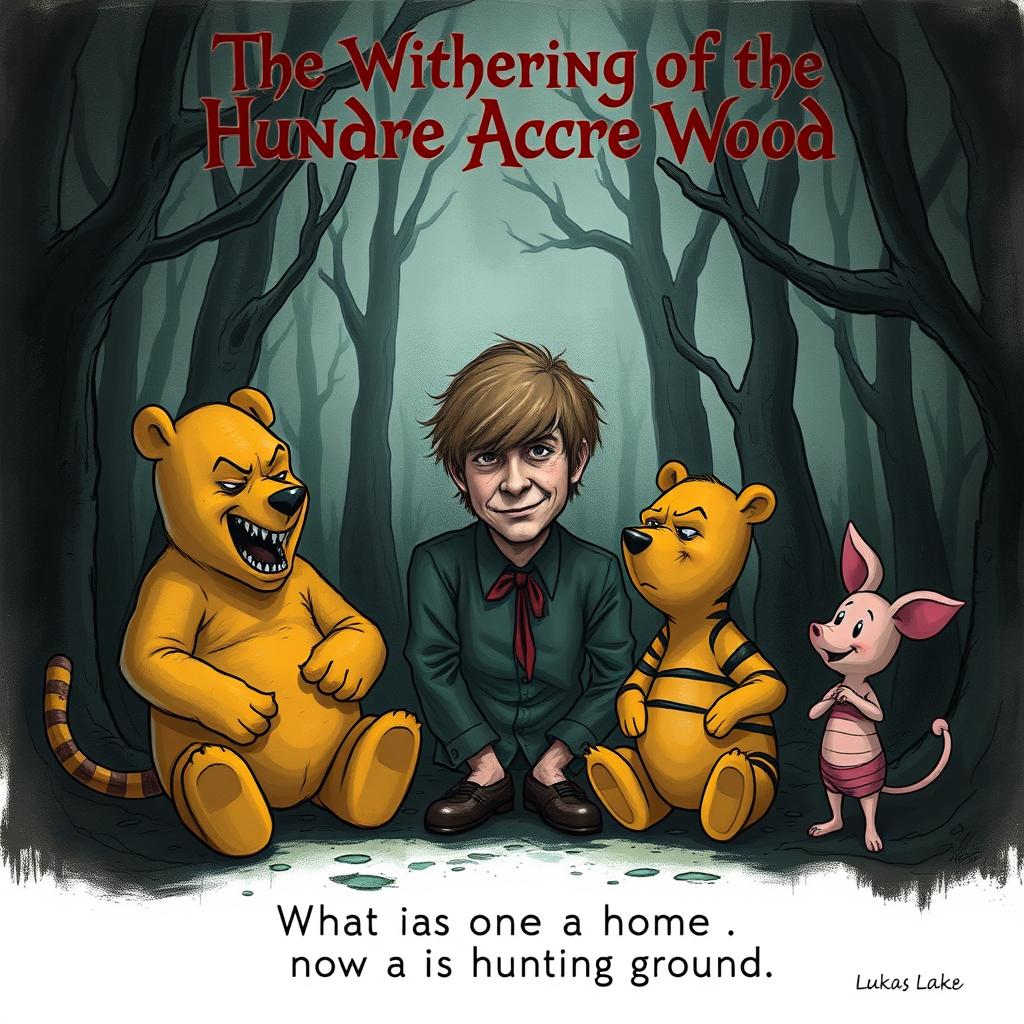 A dark and chilling illustration featuring an evil Winnie-the-Pooh bear, an evil Tigger, and an evil Piglet surrounding an adult Christopher Robin who is 20 years old
