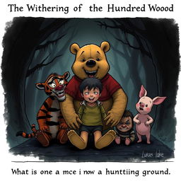 A dark and chilling illustration featuring an evil Winnie-the-Pooh bear, an evil Tigger, and an evil Piglet surrounding an adult Christopher Robin who is 20 years old