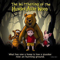 A dark and chilling illustration featuring an evil Winnie-the-Pooh bear, an evil Tigger, and an evil Piglet surrounding an adult Christopher Robin who is 20 years old