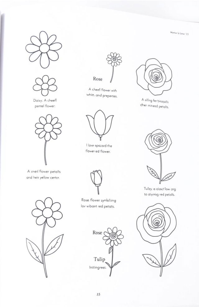 A whimsical flower coloring book page featuring a variety of small flower drawings such as daisies, tulips, and roses, each accompanied by easy-to-read, simple descriptions in English like 'Daisy: A cheerful flower with white petals and a yellow center' and 'Rose: A classic flower symbolizing love with vibrant red petals