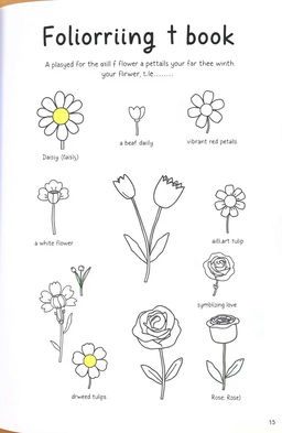 A whimsical flower coloring book page featuring a variety of small flower drawings such as daisies, tulips, and roses, each accompanied by easy-to-read, simple descriptions in English like 'Daisy: A cheerful flower with white petals and a yellow center' and 'Rose: A classic flower symbolizing love with vibrant red petals