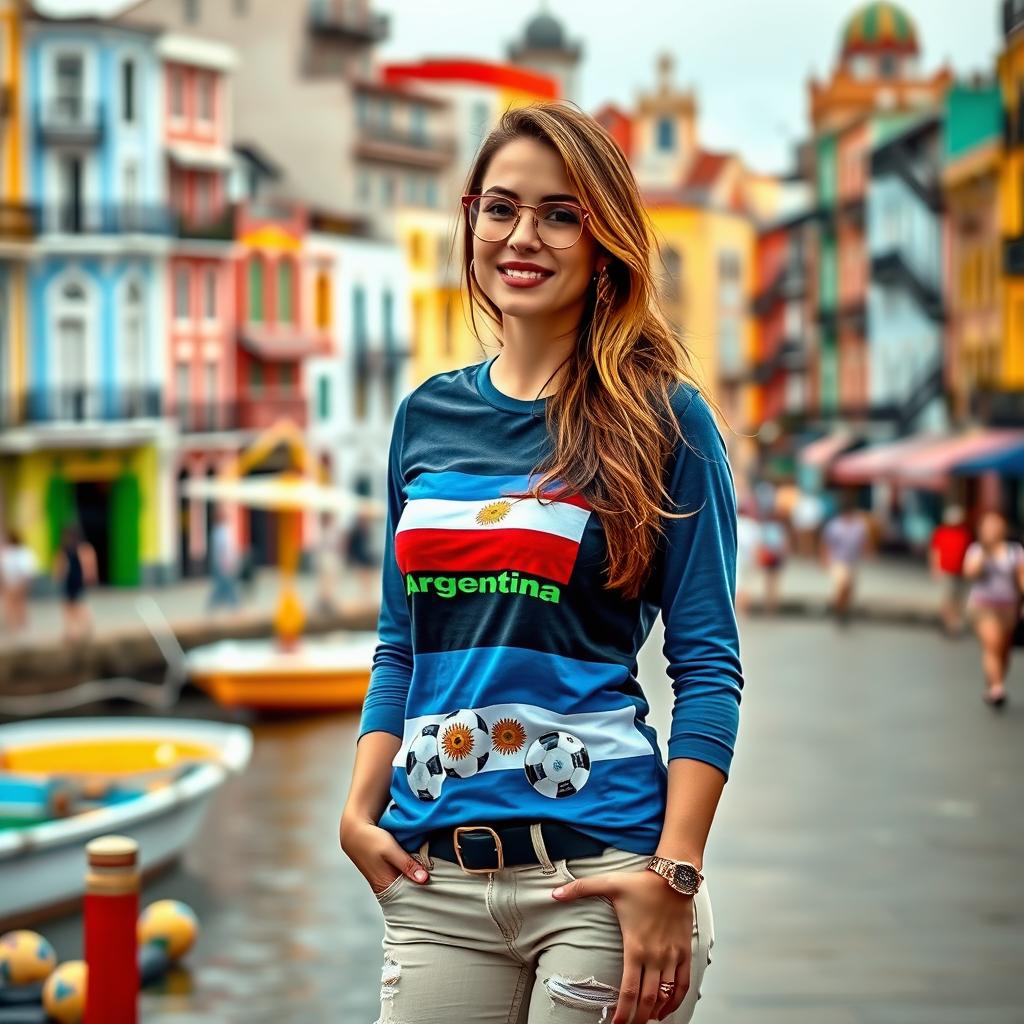 A woman from Argentina wearing a long-sleeve shirt featuring vibrant graphics of the Argentine flag and footballs