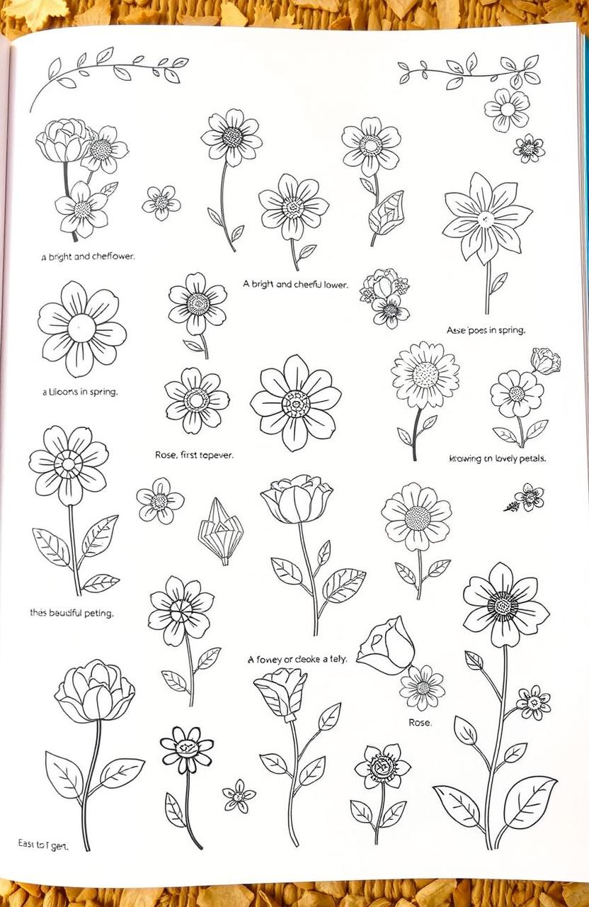 A delightful flower coloring book page featuring a variety of small, whimsical flower drawings