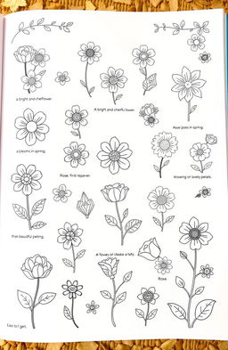 A delightful flower coloring book page featuring a variety of small, whimsical flower drawings