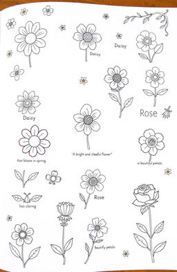 A delightful flower coloring book page featuring a variety of small, whimsical flower drawings