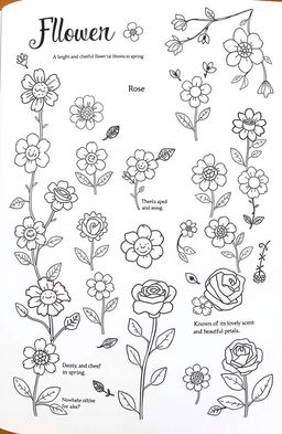 A delightful flower coloring book page featuring a variety of small, whimsical flower drawings