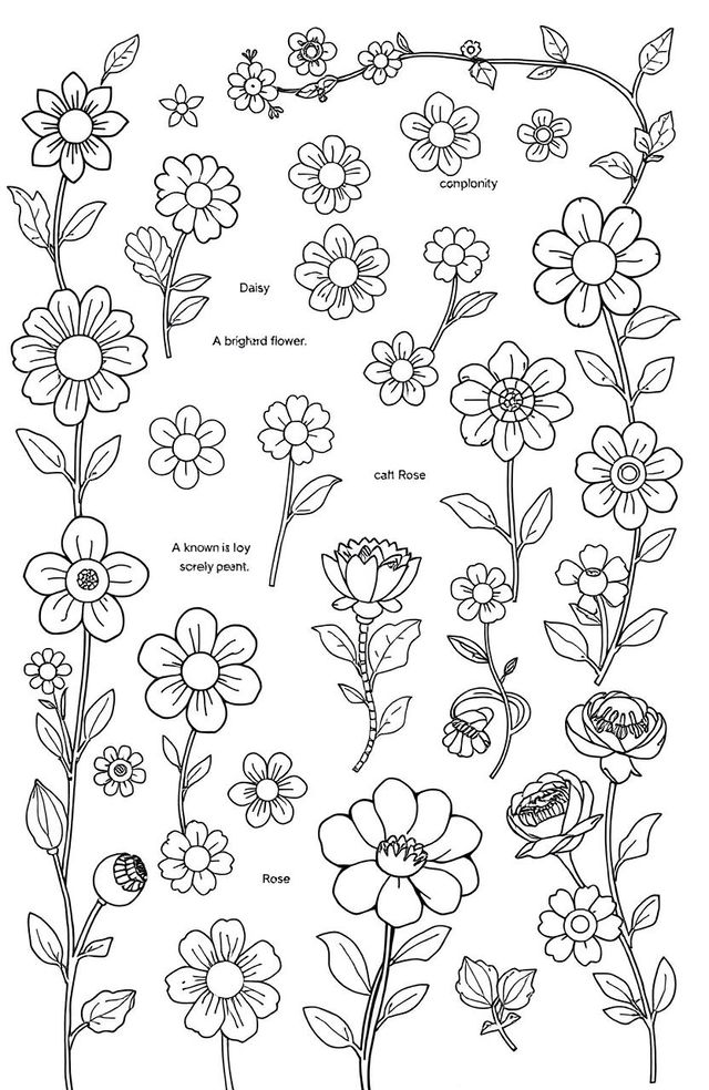 A delightful flower coloring book page featuring a variety of small, whimsical flower drawings