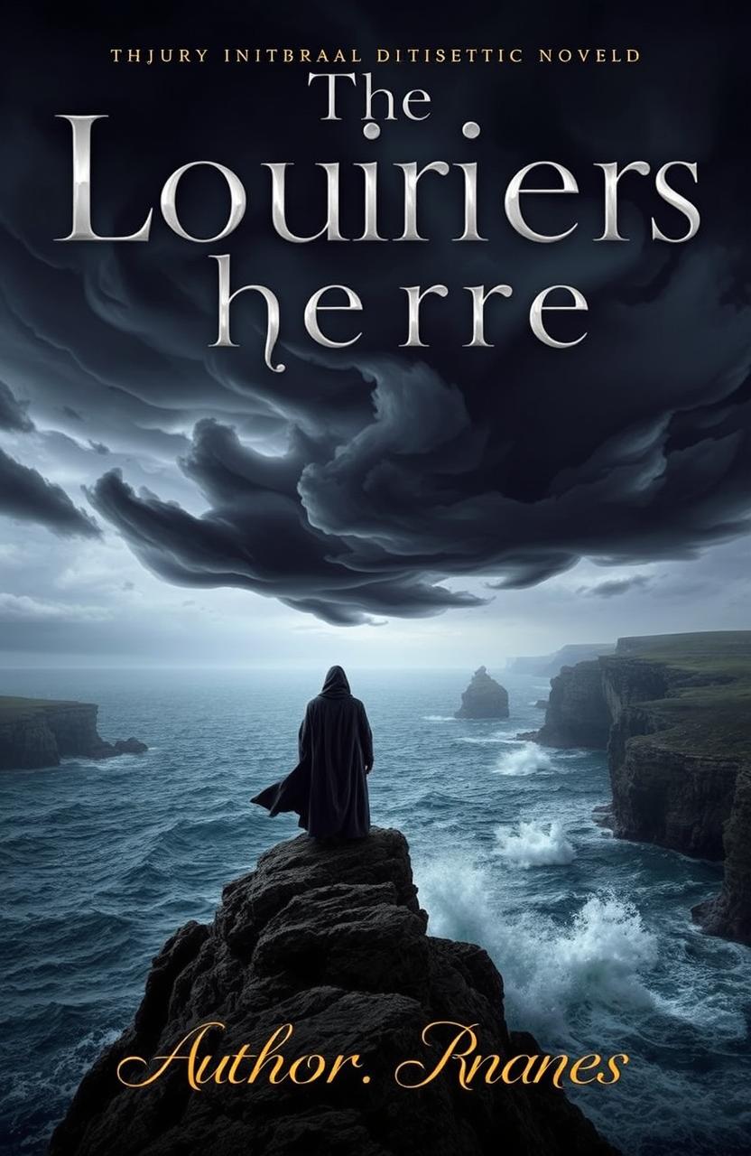 A captivating book cover for a dramatic novel featuring a stormy sky with dark, swirling clouds over a desolate landscape