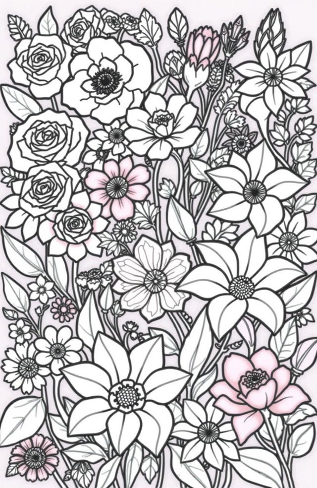 A beautiful and intricate flower coloring book page filled with various types of flowers like roses, daisies, sunflowers, and lilies