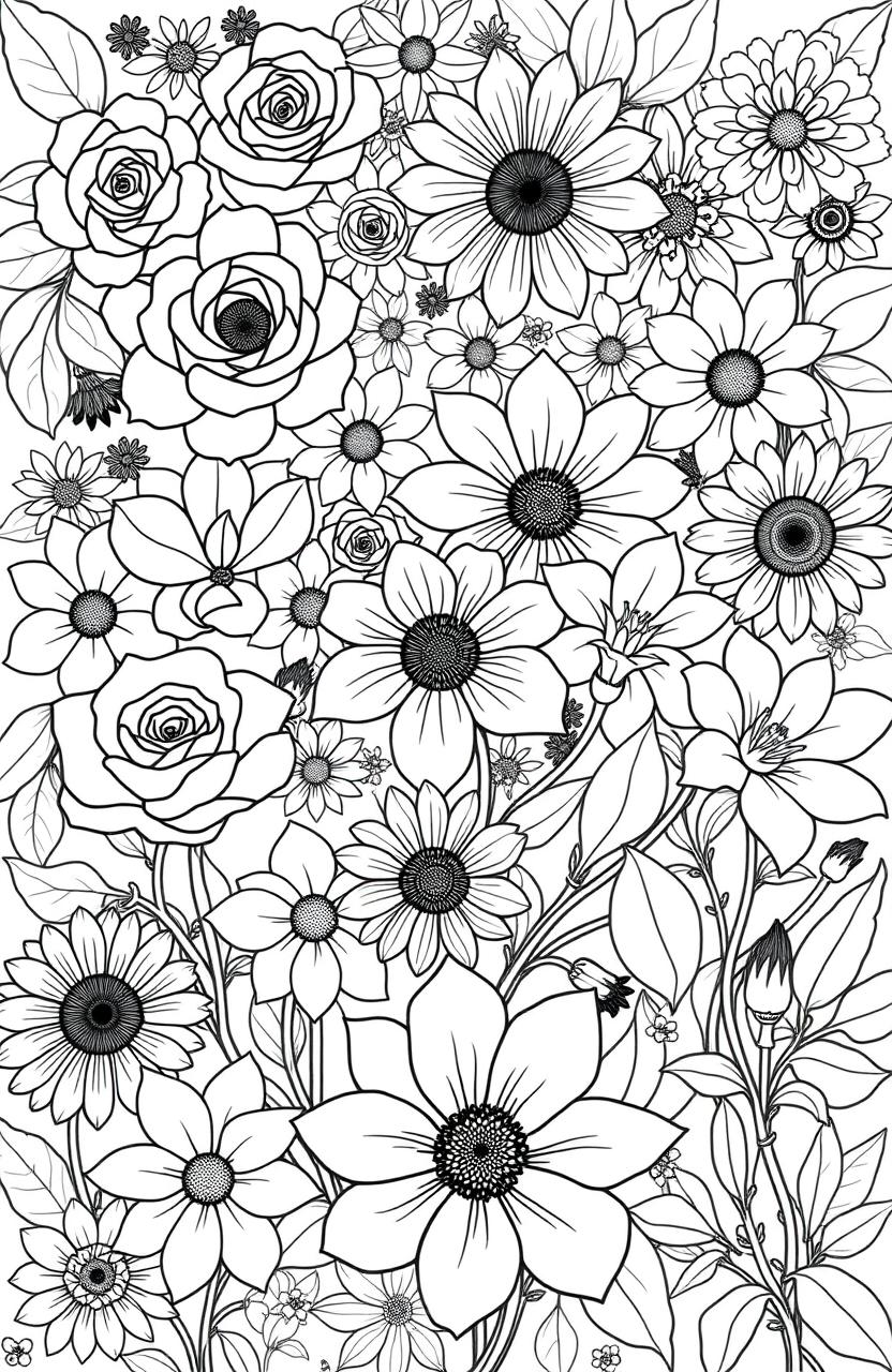 A beautiful and intricate flower coloring book page filled with various types of flowers like roses, daisies, sunflowers, and lilies