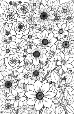 A beautiful and intricate flower coloring book page filled with various types of flowers like roses, daisies, sunflowers, and lilies