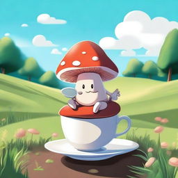 A high-quality digital art piece depicting an anthropomorphized, fairy-tale-like mushroom in a lush field, enjoying a cup of coffee under a clear, sunny sky